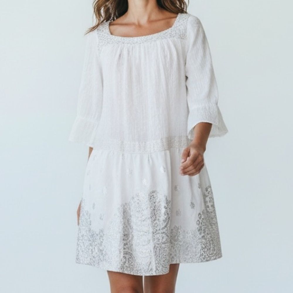 Delfina White Sheer Beaded Square Neck 3/4 Sleeve Dress Made in Italy in Size S